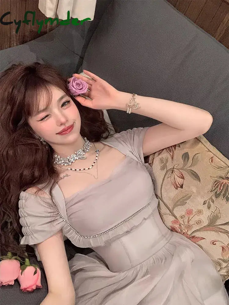 Cyflymder Korean Casual Midi Dress For Women New Summer Fashion Elegant Off The Shoulder Folds