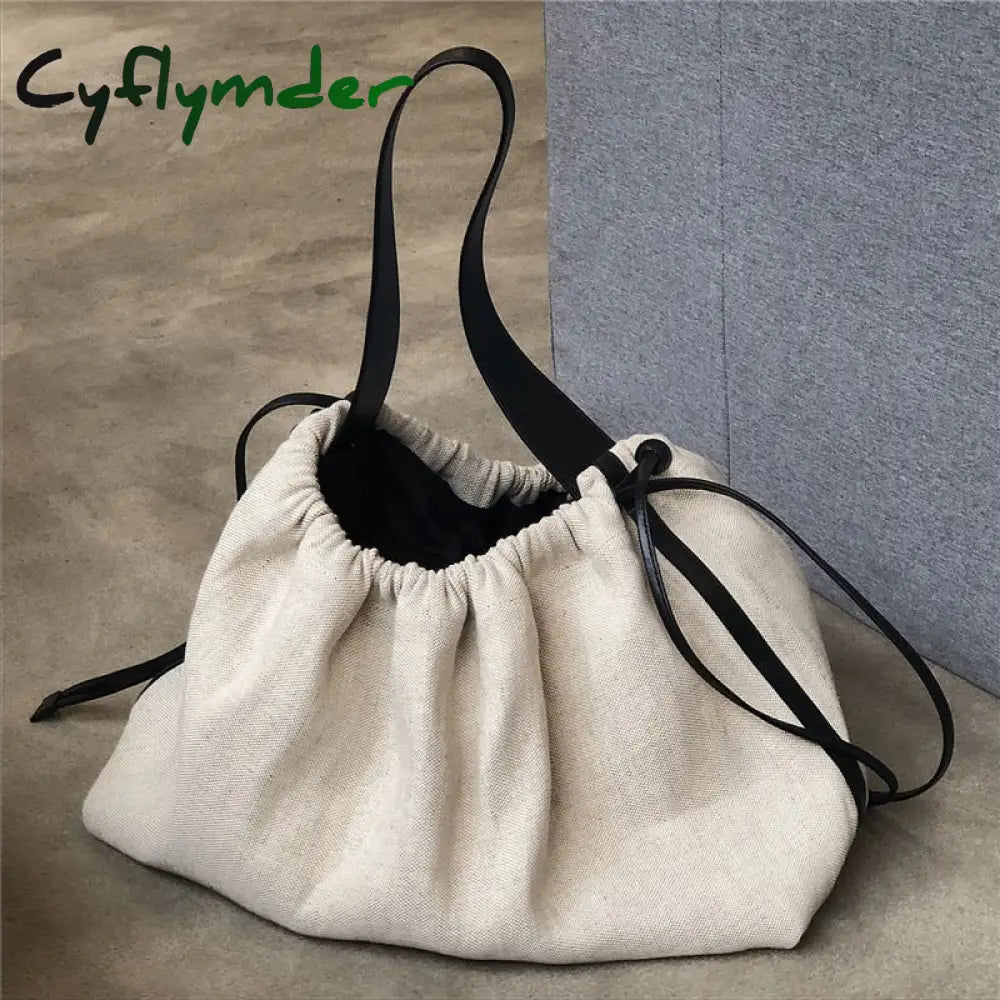 Korean Contrast Color Women Handbag Drawstring Canvas Ladies Shoulder Bag Large Capacity Travel Bag Female Big Totes Bolsas