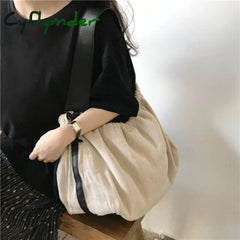Cyflymder Korean Contrast Color Women Handbag Drawstring Canvas Ladies Shoulder Bag Large Capacity