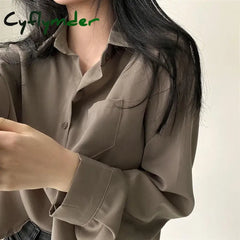 Cyflymder Korean Elegant Shirt Women Fashion Sunscreen Solid Basic Single-Breasted Office Blouse