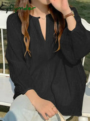 Korean Fashion Women V Neck Long Sleeve Blouse Summer Shirt Elegant Solid Pleated Tops Casual Holiday Party Blusas