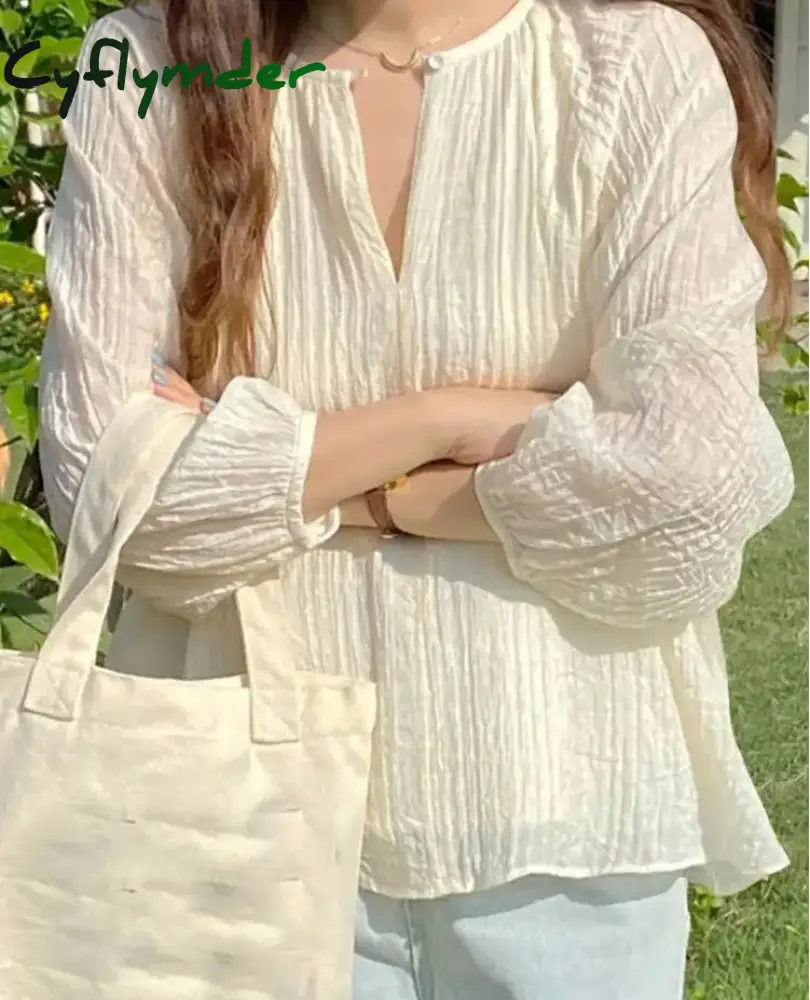 Korean Fashion Women V Neck Long Sleeve Blouse Summer Shirt Elegant Solid Pleated Tops Casual Holiday Party Blusas 5XL