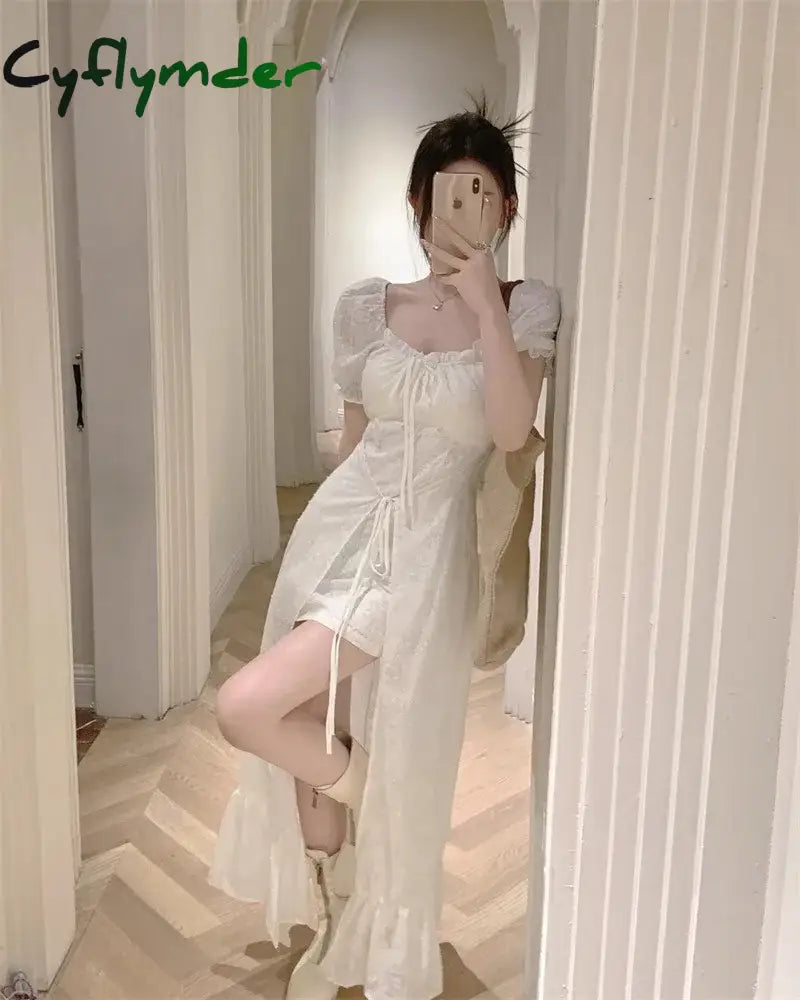 Korean Fashion Womens White Long Dresses Puff Sleeves Summer Elegant Party Dresses 2024 Casual Slim Female Sexy Dresses