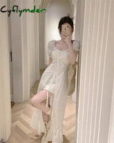 Korean Fashion Womens White Long Dresses Puff Sleeves Summer Elegant Party Dresses 2024 Casual Slim Female Sexy Dresses