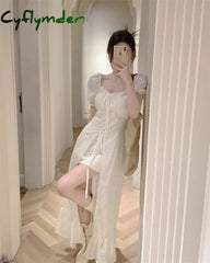 Korean Fashion Womens White Long Dresses Puff Sleeves Summer Elegant Party Dresses 2024 Casual Slim Female Sexy Dresses