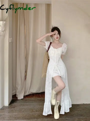 Cyflymder Korean Fashion Womens White Long Dresses Puff Sleeves Summer Elegant Party 2024 Casual