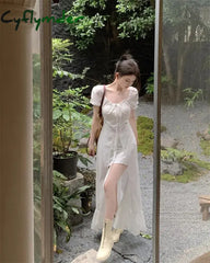 Cyflymder Korean Fashion Womens White Long Dresses Puff Sleeves Summer Elegant Party 2024 Casual