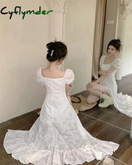 Cyflymder Korean Fashion Womens White Long Dresses Puff Sleeves Summer Elegant Party 2024 Casual