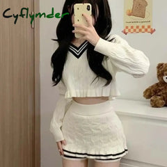 Cyflymder Korean Fashion Y2k Two Piece Skirt Set Women Sweet Stripe Knitted Sweater Crop Tops Slim Bodycon Mini Skirts