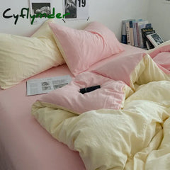 Cyflymder Korean INS Cream Style Pink Bedding Linen Solid Color Soft Bed Flat Sheet Pillowcase Adults Girls Washed