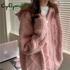 Korean Knit Cardigan Hooded Women Fashion Winter Casual Loose Zipper Thick Sweater All Match Female Streetwear Coats New Cyflymder