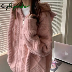 Korean Knit Cardigan Hooded Women Fashion Winter Casual Loose Zipper Thick Sweater All Match Female Streetwear Coats New Cyflymder