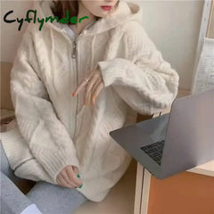 Korean Knit Cardigan Hooded Women Fashion Winter Casual Loose Zipper Thick Sweater All Match Female Streetwear Coats New Cyflymder