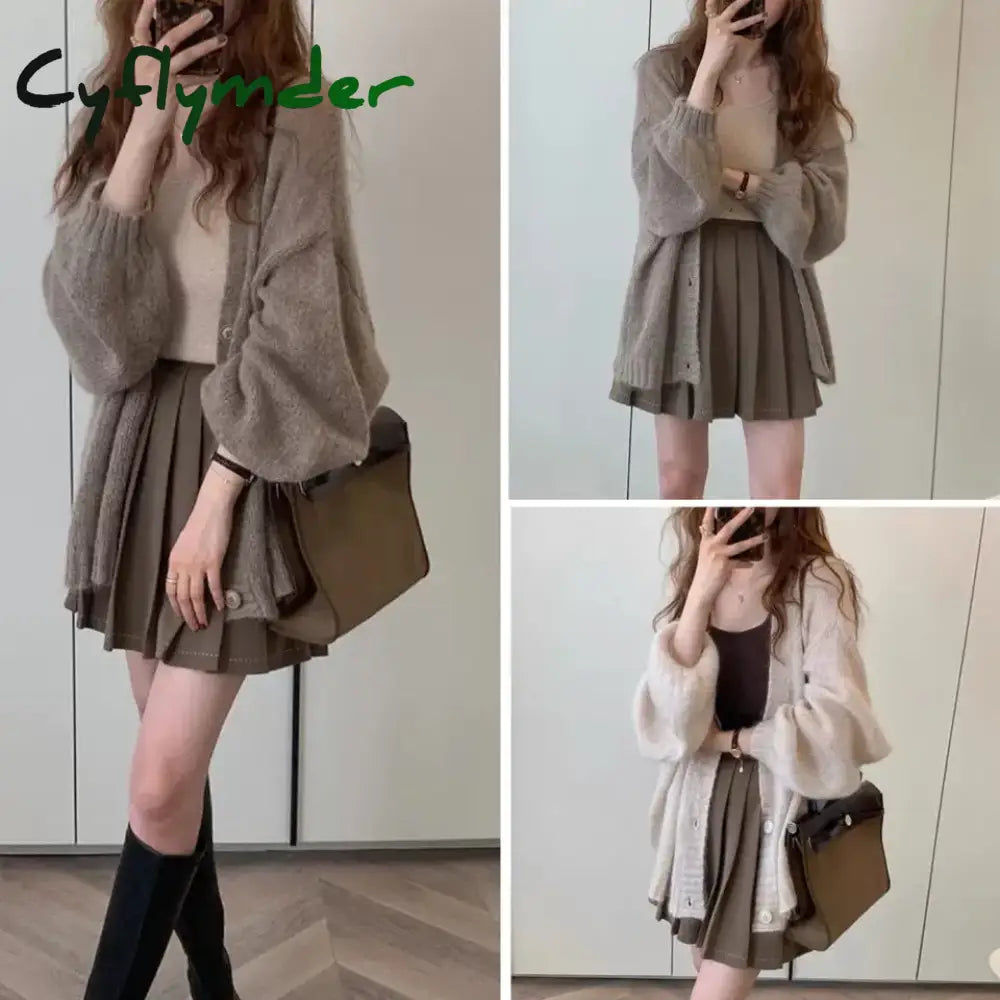 Cyflymder Korean Large Lazy Style Coffee Color Sweater Knitted Loose Cardigan Women’s Autumn/Winter Outerwear Thin Coat