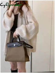 Cyflymder Korean Large Lazy Style Coffee Color Sweater Knitted Loose Cardigan Women’s Autumn/Winter Outerwear Thin Coat