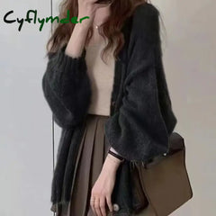 Cyflymder Korean Large Lazy Style Coffee Color Sweater Knitted Loose Cardigan Women’s Autumn/Winter Outerwear Thin Coat
