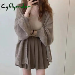 Cyflymder Korean Large Lazy Style Coffee Color Sweater Knitted Loose Cardigan Women’s Autumn/Winter Outerwear Thin Coat
