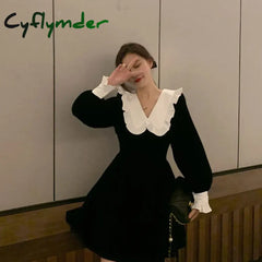 Cyflymder Korean Long Sleeve Mini Dress Women Spring Vintage Slim Vestidos Sweet Female Ruffles