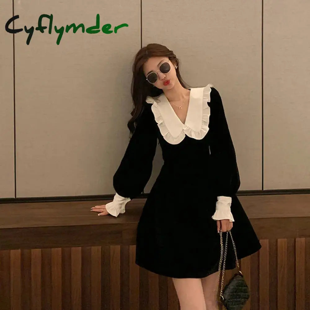Korean Long Sleeve Mini Dress Women Spring Vintage Slim Vestidos Sweet Female Ruffles Peter Pan Collar Black Velvet Dress