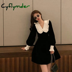 Korean Long Sleeve Mini Dress Women Spring Vintage Slim Vestidos Sweet Female Ruffles Peter Pan Collar Black Velvet Dress