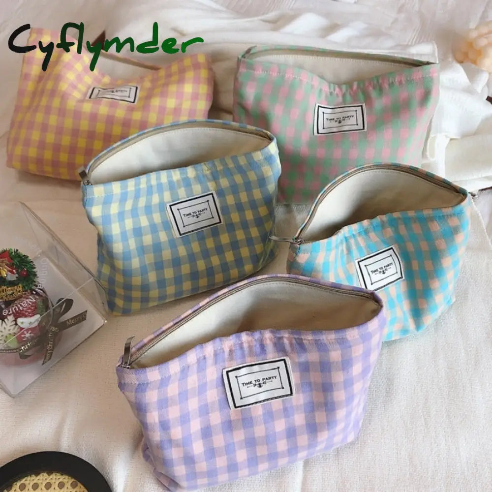 Cyflymder Korean Plaid Cosmetic Makeup Bag For Women Cosmetics Organizer Pouch Large Woman Travel