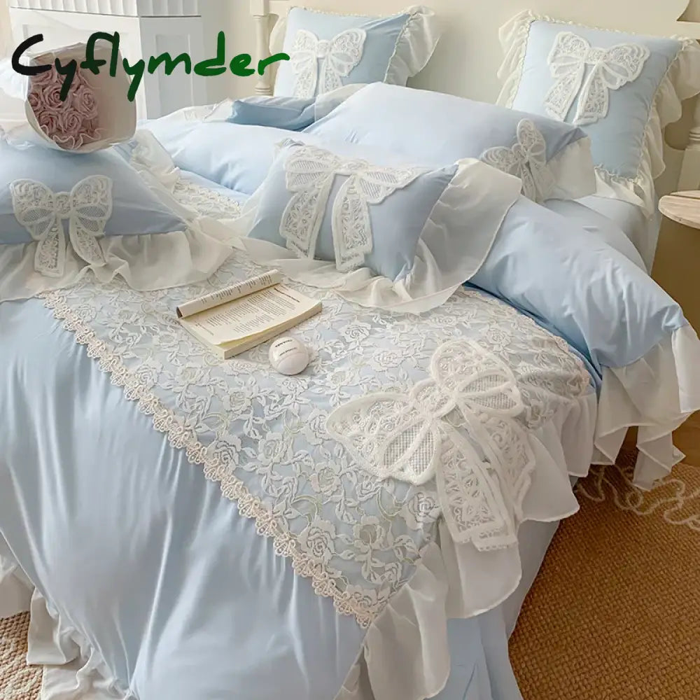 Korean Princess Bedding Set Lace Bow Beauty Solid Color Lace Ruffle Quilt Cover Luxury Girls Wedding Home Textiles Duver Cover