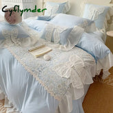 Korean Princess Bedding Set Lace Bow Beauty Solid Color Lace Ruffle Quilt Cover Luxury Girls Wedding Home Textiles Duver Cover