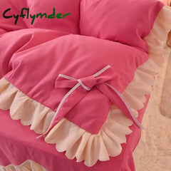 Cyflymder Korean Princess Style Bedding Set Soft Thickened Duvet Cover Bed Sheet Skirt and Pillowcases Cute Bow Girls