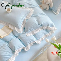 Cyflymder Korean Princess Style Duvet Cover Set No Filling Pink Blue Soft Washed Cotton Girls Favorite Ruffles Bed