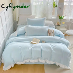 Cyflymder Korean Princess Style Duvet Cover Set No Filling Pink Blue Soft Washed Cotton Girls Favorite Ruffles Bed