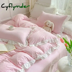 Cyflymder Korean Princess Style Duvet Cover Set No Filling Pink Blue Soft Washed Cotton Girls Favorite Ruffles Bed