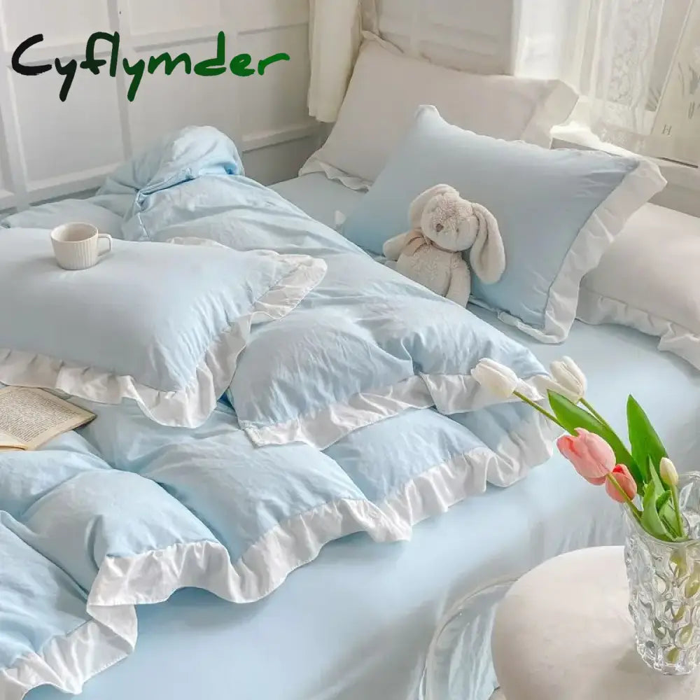 Cyflymder Korean Princess Style Duvet Cover Set No Filling Pink Blue Soft Washed Cotton Girls Favorite Ruffles Bed