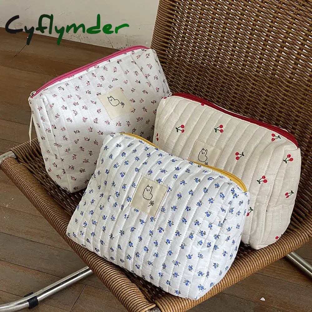 Cyflymder Korean Quilted Makeup Bag Canvas For Women Cosmetic Storage Portable Toiletry Bags Female