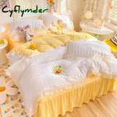 Cyflymder Korean Seersucker Bedding Set Princess Girls Quilt Cover Lace Ruffles Bed Skirt Sheet Luxury Solid Color