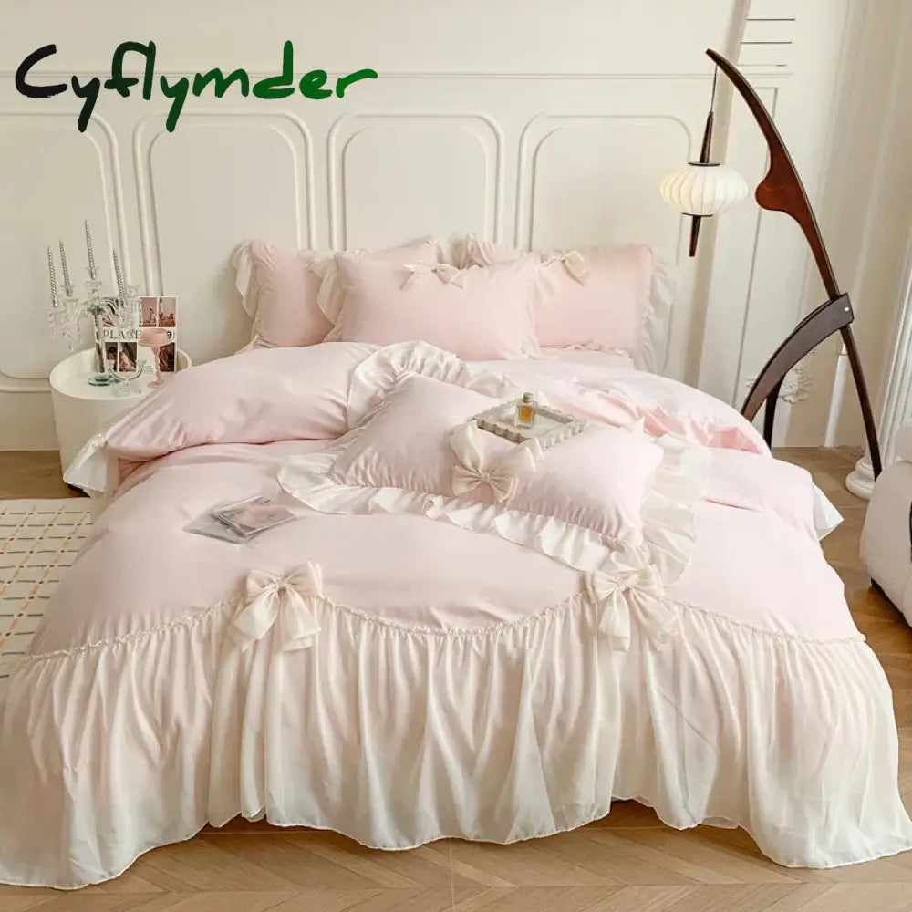Korean Style Princess Lace Bow Bedding Set Pink Sweet Girl Chiffon Ruffles Duvet Cover Bed Sheet Pillowcase Wedding Home Textile