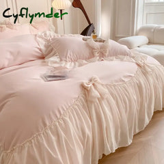 Cyflymder Korean Style Princess Lace Bow Bedding Set Pink Sweet Girl Chiffon Ruffles Duvet Cover Bed Sheet Pillowcase