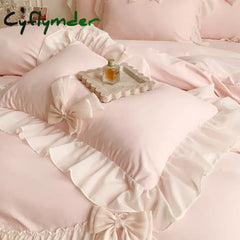 Cyflymder Korean Style Princess Lace Bow Bedding Set Pink Sweet Girl Chiffon Ruffles Duvet Cover Bed Sheet Pillowcase