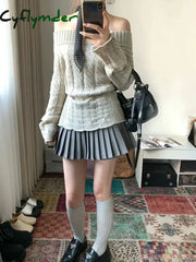 Cyflymder Korean Style Sexy Off Shoulder Sweater Women Sweet Elegant Long Sleeve Knitted Pullover Cute Fashion Slim Up