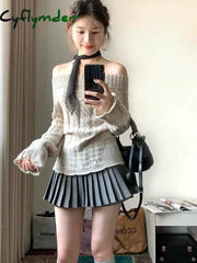 Cyflymder Korean Style Sexy Off Shoulder Sweater Women Sweet Elegant Long Sleeve Knitted Pullover Cute Fashion Slim Up