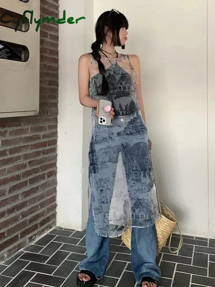Korean Style Vintage Dress Women Sleeveless Y2k Rero Print Dresses Streetwear Mesh See Through Die Try Dress Female