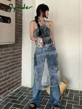 Korean Style Vintage Dress Women Sleeveless Y2k Rero Print Dresses Streetwear Mesh See Through Die Try Dress Female