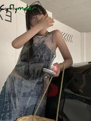 Cyflymder Korean Style Vintage Dress Women Sleeveless Y2K Rero Print Dresses Streetwear Mesh See