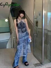Cyflymder Korean Style Vintage Dress Women Sleeveless Y2K Rero Print Dresses Streetwear Mesh See