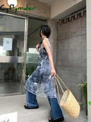 Cyflymder Korean Style Vintage Dress Women Sleeveless Y2K Rero Print Dresses Streetwear Mesh See