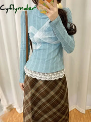 Cyflymder Korean Style Y2k Knitted Pullover Women Bow Lace Long Sleeve Sweaters Harajuku Vintage Patchwork Knitwear