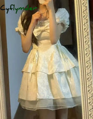 Cyflymder Korean Sweet Kawaii Dress Women Summer 2024 White Japanese Cute Party Mini Fairy Bubble