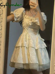 Korean Sweet Kawaii Dress Women Summer 2024 White Japanese Cute Party Mini Fairy Dress Bubble Sleeve Casual France Elegant Dress