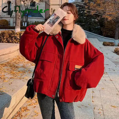 Cyflymder Korean Thick Fleece Women Winter Jacket Fashion Loose Warm Plush Parkas Female Elegant Lapel Zipper Pocket