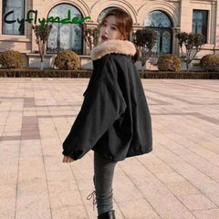 Cyflymder Korean Thick Fleece Women Winter Jacket Fashion Loose Warm Plush Parkas Female Elegant Lapel Zipper Pocket