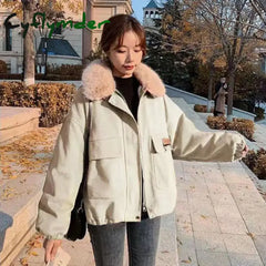 Cyflymder Korean Thick Fleece Women Winter Jacket Fashion Loose Warm Plush Parkas Female Elegant Lapel Zipper Pocket